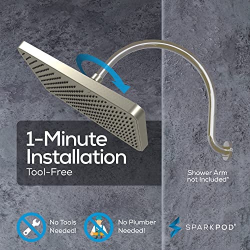 SparkPod 12 Inch Rectangle Rain Shower Head - Ceiling or Wall Mount Rainfall Shower Head - Large Coverage Showerhead - Brass Ball Joint with 360° Adjustment - 1-Min Install (Elegant Brushed Nickel) - Image 5