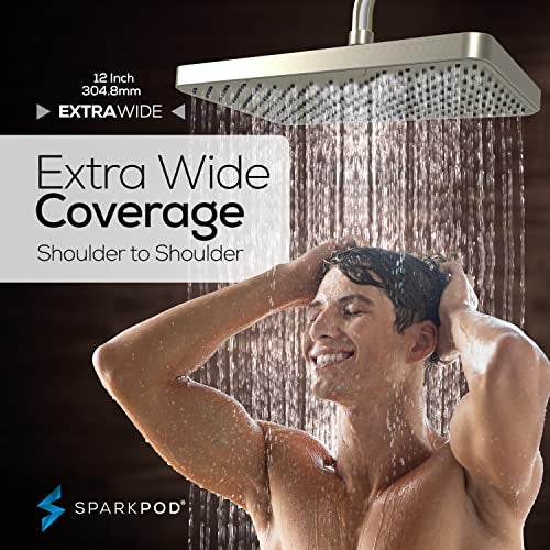 SparkPod 12 Inch Rectangle Rain Shower Head - Ceiling or Wall Mount Rainfall Shower Head - Large Coverage Showerhead - Brass Ball Joint with 360° Adjustment - 1-Min Install (Elegant Brushed Nickel) - Image 3