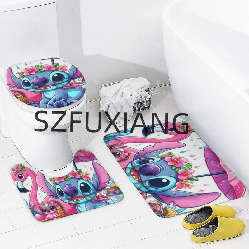 Y&D New ized Cartoon Stitch Bathroom Mat Set 4 Pcs Waterproof Shower Curtain Cheap Valentine's Day Pink Bathroom Accessory Set - Image 5