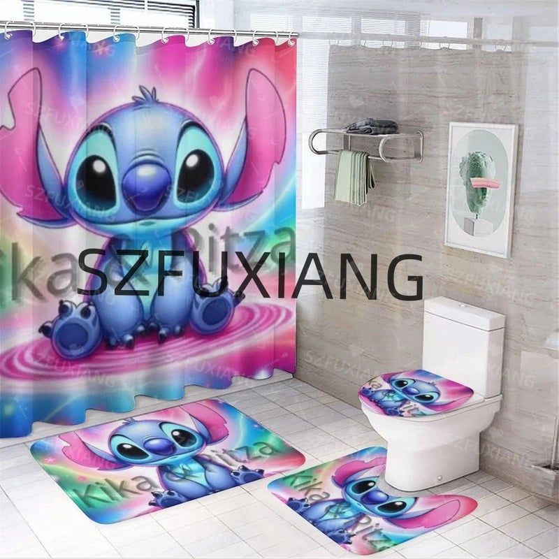 Y&D New ized Cartoon Stitch Bathroom Mat Set 4 Pcs Waterproof Shower Curtain Cheap Valentine's Day Pink Bathroom Accessory Set - Image 1