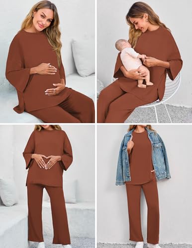 FMEYOA Women's Nursing Pajamas Maternity Pajama Postpartum PJS Breastfeeding Long Sleeve Top & Pants Sets with Pockets - Image 2