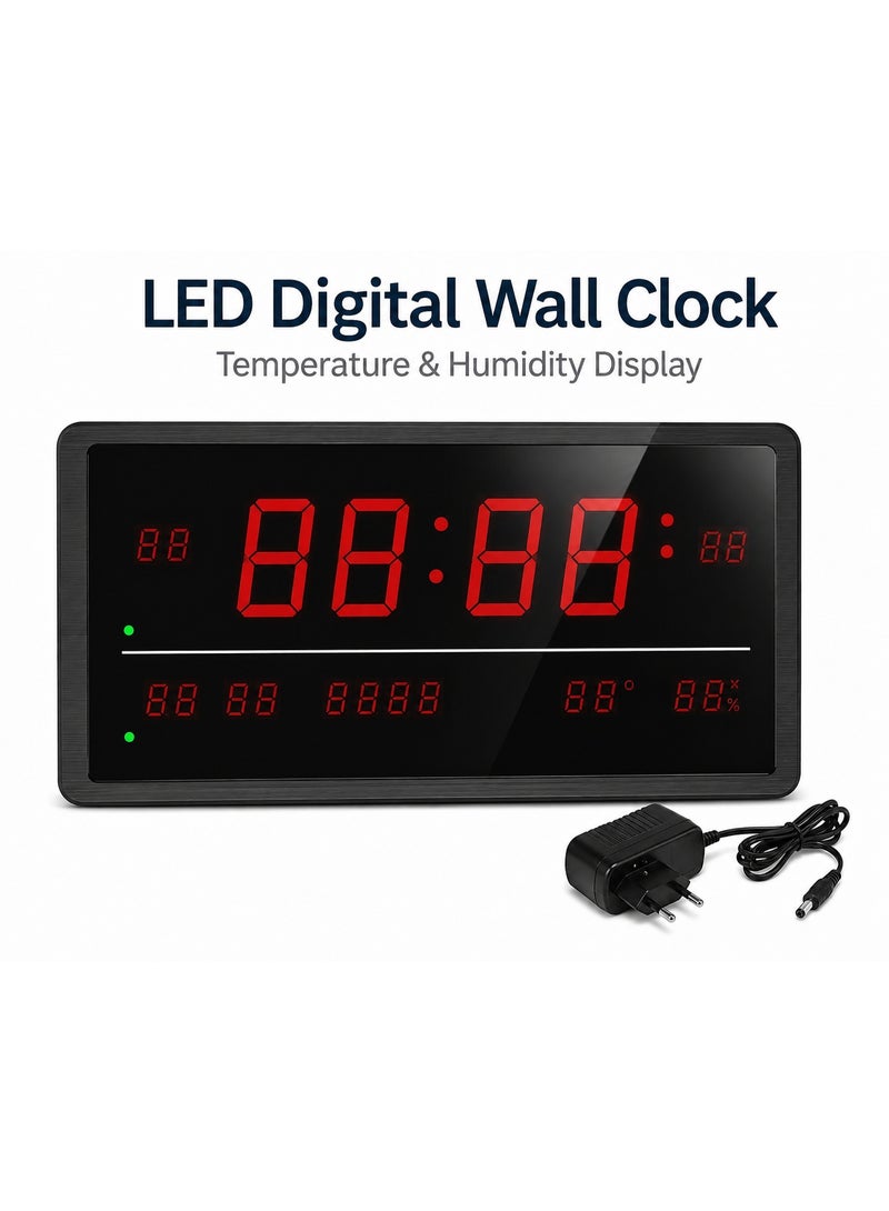 Large LED Digital Wall Clock With Time Date Week Temperature Humidity Display, Auto Brightness And Alarm Clock - Image 1