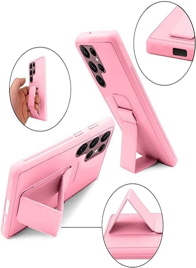 Samsung Galaxy S22 Ultra - غطاء سيليكون جديد بمقبض إصبع 2 في 1 وحامل هاتف - وردي - Image 3