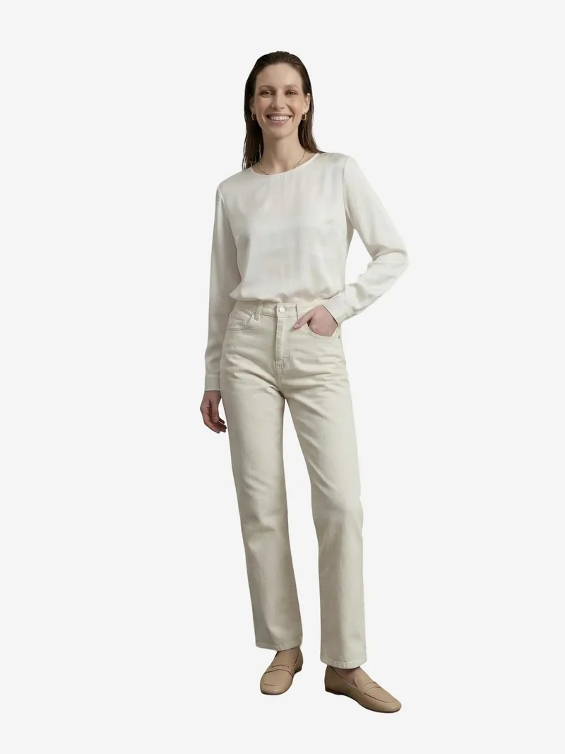 My Fashion Dusty White MY FASHION High Waist Denim Straight Leg Pants with Pockets for Women | Best Price UAE