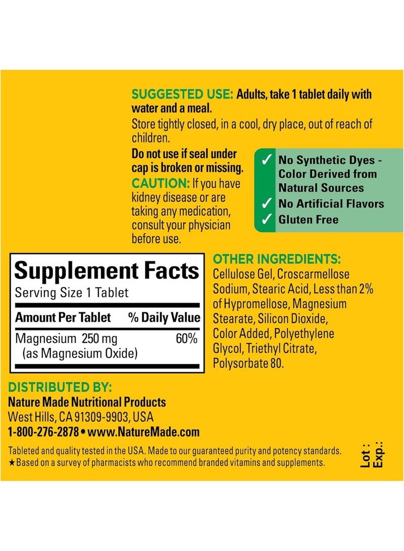 Nature Made Magnesium Oxide 250 mg, Magnesium Supplements for Men and Women, Support for Muscle, Heart, Bone and Nerve Health, 100 Tablets - Image 2