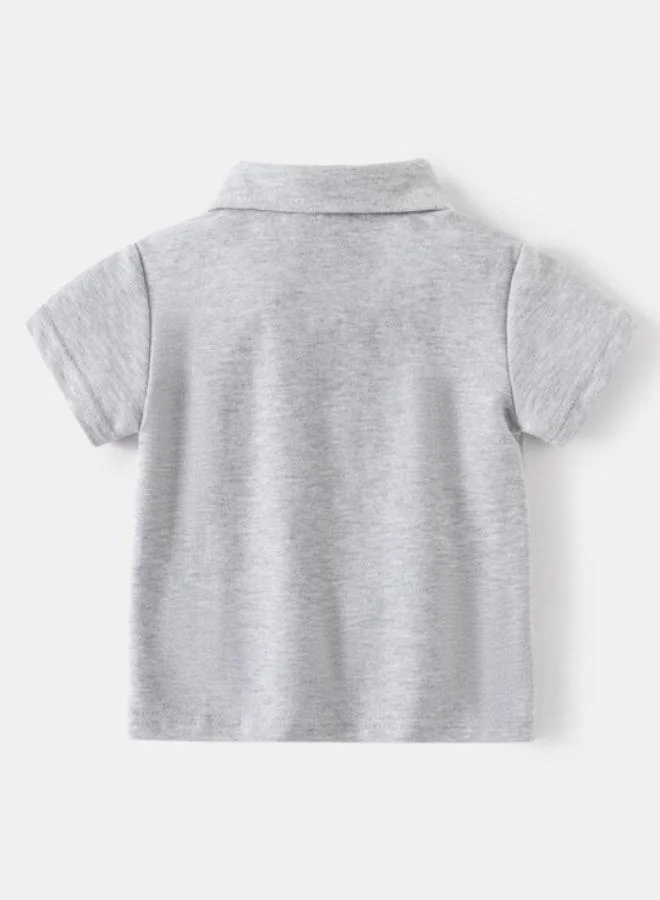 YUNIQEE Grey Polo Collar Short Sleeve Applique Tshirt & Shorts