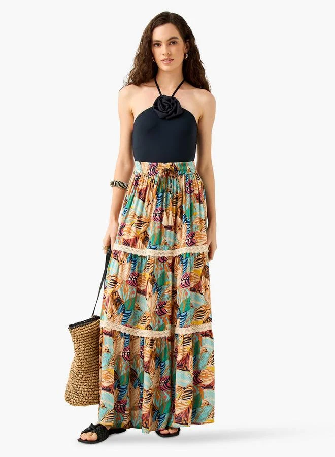 Splash FAV Floral Print Tiered Maxi Skirt with Elasticated Waistband