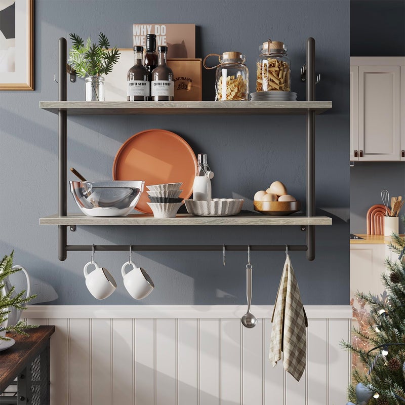 Bestier Bestier Pipe Shelf Industrial Floating Shelving 31 Kitchen WallMounted Shelves with 8 Towel Bar Hooks Coffee Bar Shelf Wine Hanging Display Rack Bookshelf Living Room Decor BathroomRetro Grey
