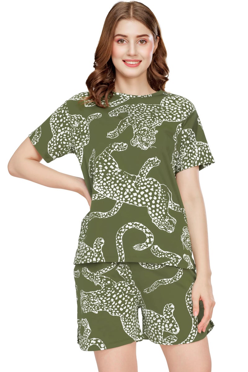 ZEYO Night Suit for Women's Olive Green Leopard Printed Cotton Night Dress of Top and Short's Set 5743 - Image 1