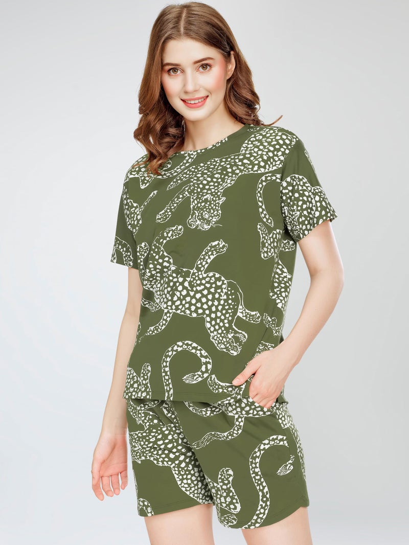 ZEYO Night Suit for Women's Olive Green Leopard Printed Cotton Night Dress of Top and Short's Set 5743 - Image 5