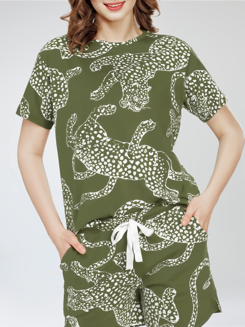 ZEYO Night Suit for Women's Olive Green Leopard Printed Cotton Night Dress of Top and Short's Set 5743 - Image 2