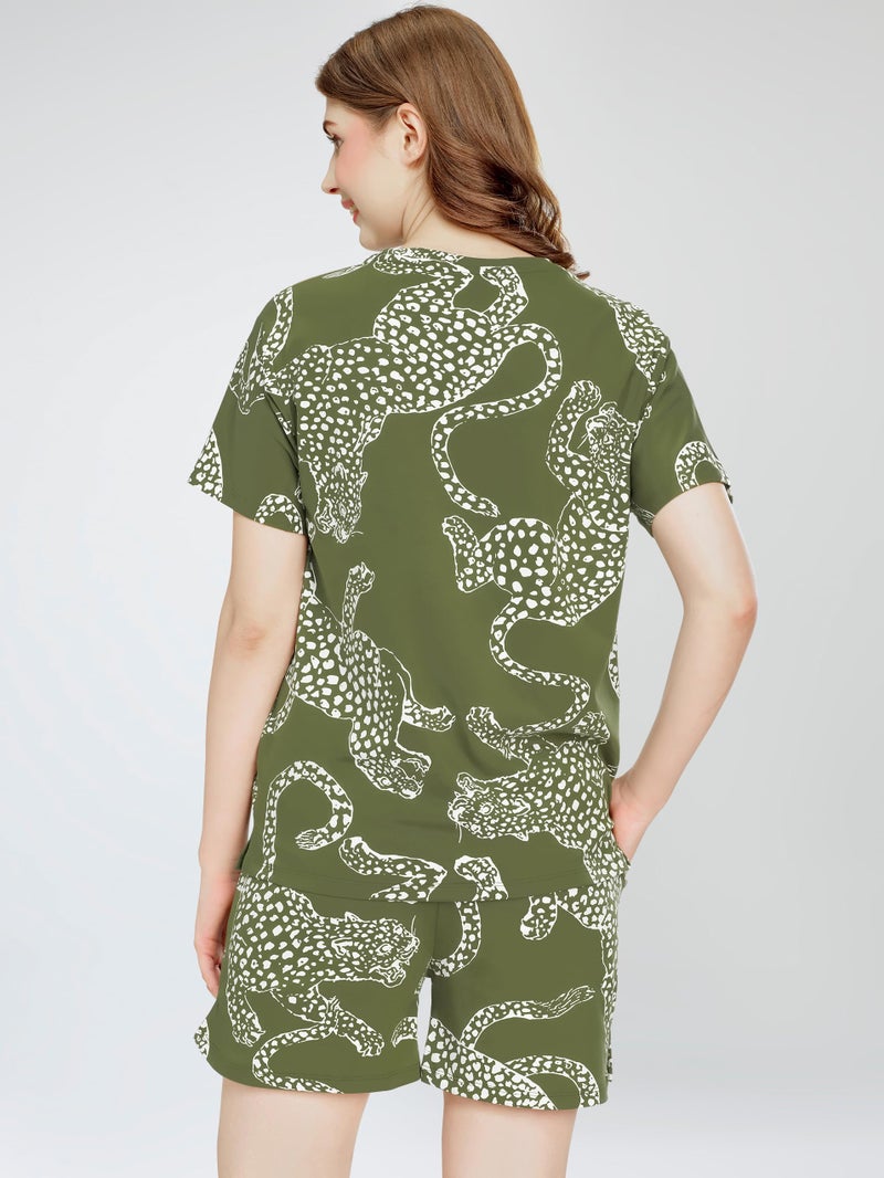 ZEYO Night Suit for Women's Olive Green Leopard Printed Cotton Night Dress of Top and Short's Set 5743 - Image 4