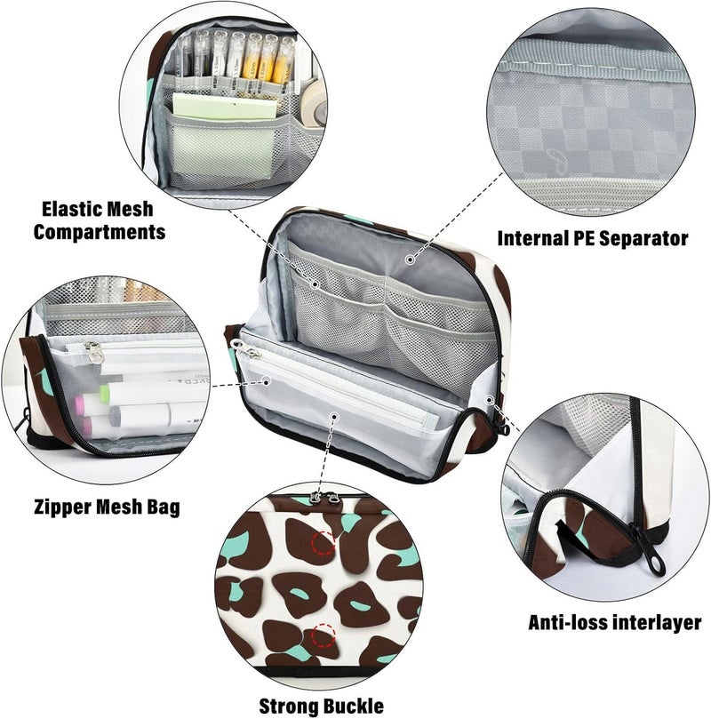 xigua Leopard Spots Zipper Pencil Pouch, Large Pencil Case with Mesh Pocket, Upright Stationery Bag for Pens Pencils & Highlighters, Pen Case for School Supplies, 8.3"x1.96"x5.9" - Image 4