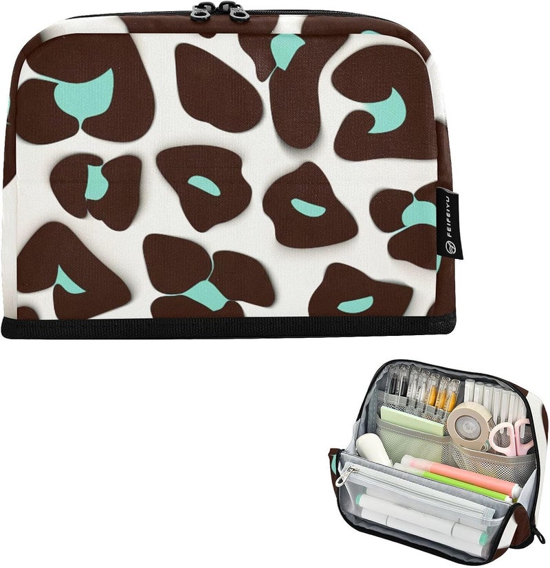 xigua Leopard Spots Zipper Pencil Pouch, Large Pencil Case with Mesh Pocket, Upright Stationery Bag for Pens Pencils & Highlighters, Pen Case for School Supplies, 8.3"x1.96"x5.9" - Image 1