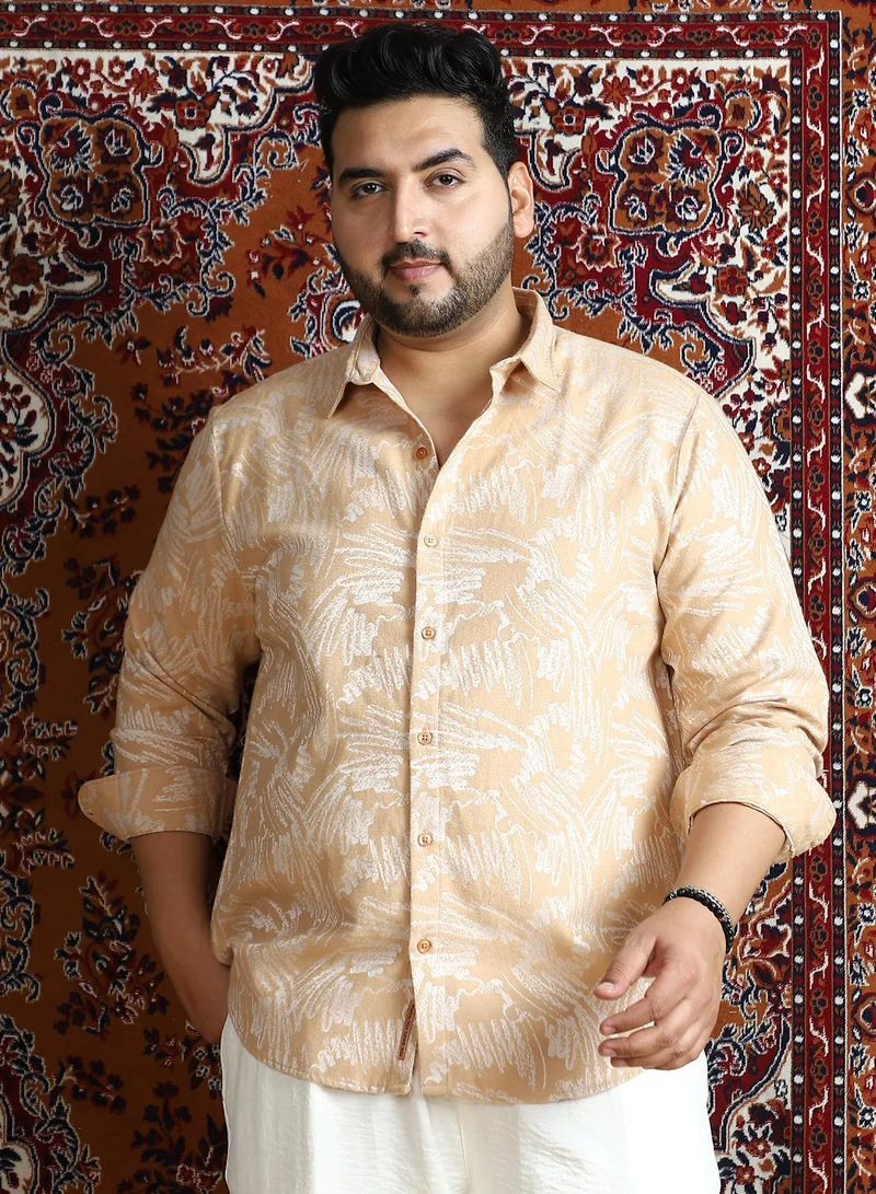 Instafab Plus Instafab Plus Men's Buff Beige Inkline-Imprint Shirt For Casual Wear | Spread Collar | Long Cuffed Sleeves | Button Closure | Plus Size Shirt Crafted With Comfort Fit For Everyday Wear