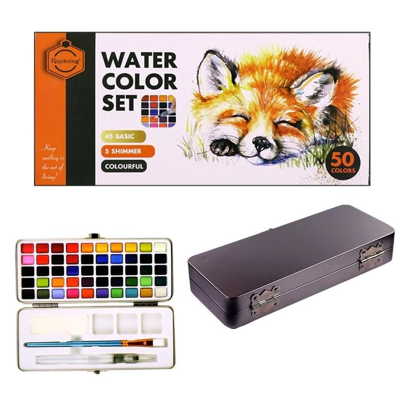 like it 50 Color Solid Watercolor Paint Set with Metal Box | Portable Watercolor Kit with Brushes and 5 Shimmer Shades for Painting Sketching and Art Use