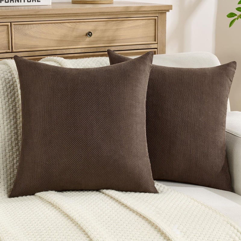 FUTEI Dark Coffee Chenille Throw Pillow Covers 18x18 Inch Set of 2,Soft Wide Chevron Textured Cushion Case,Farmhouse Home Decor for Couch Bed Living Room - Image 1