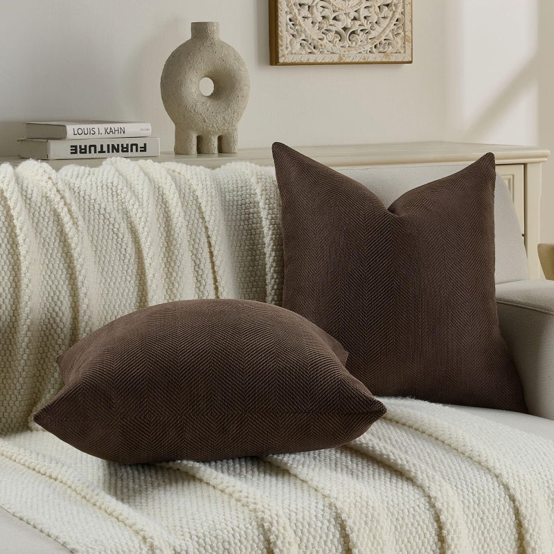 FUTEI Dark Coffee Chenille Throw Pillow Covers 18x18 Inch Set of 2,Soft Wide Chevron Textured Cushion Case,Farmhouse Home Decor for Couch Bed Living Room - Image 5