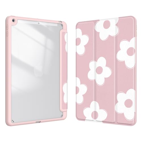 Xkladz Case for iPad 9th / 8th / 7th Generation (2021/2020/2019) 10.2 inch, Case with Pencil Holder, Stand Clear Back Cover Cute Cool Design for Women Girls, Auto Sleep/Wake, Pink White Flower - Image 1
