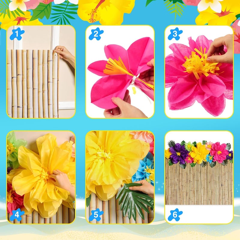 Canlierr 22 Pcs Hawaiian Beach Backdrop with Hawaii Paper Flowers Decorations Set 71 x 43 Inch Hawaiian Backdrop 3D Hibiscus Paper Flower Palm Leaves for Aloha Luau Party Decorations Bamboo Style - Image 4