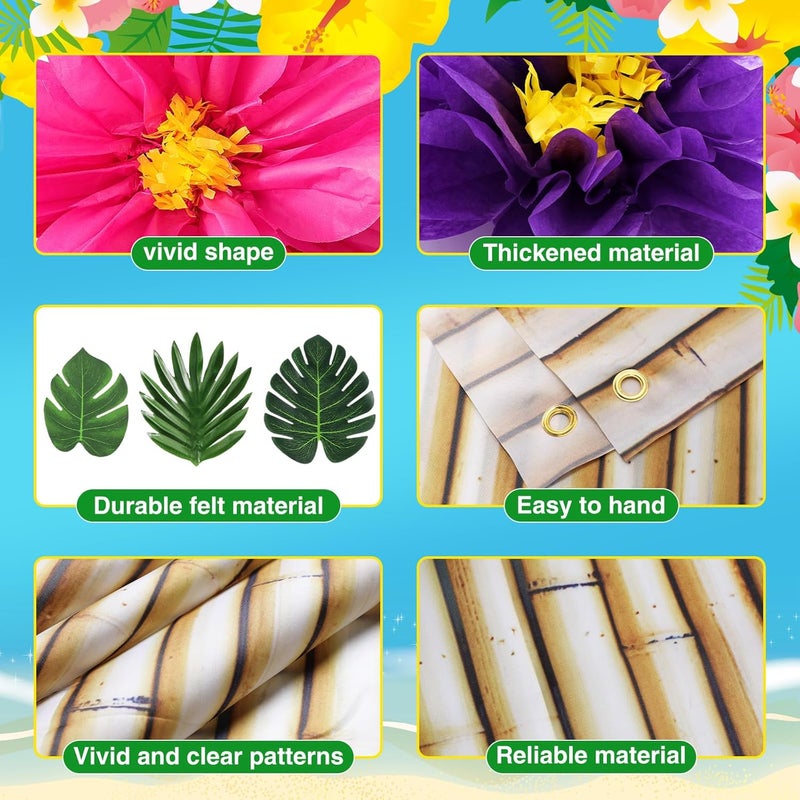 Canlierr 22 Pcs Hawaiian Beach Backdrop with Hawaii Paper Flowers Decorations Set 71 x 43 Inch Hawaiian Backdrop 3D Hibiscus Paper Flower Palm Leaves for Aloha Luau Party Decorations Bamboo Style - Image 3