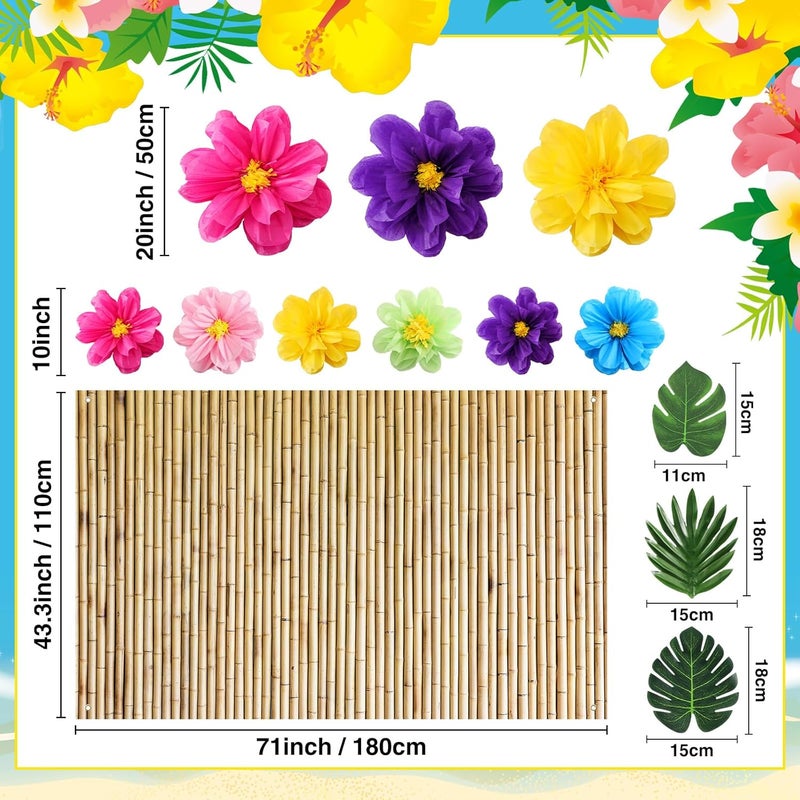 Canlierr 22 Pcs Hawaiian Beach Backdrop with Hawaii Paper Flowers Decorations Set 71 x 43 Inch Hawaiian Backdrop 3D Hibiscus Paper Flower Palm Leaves for Aloha Luau Party Decorations Bamboo Style - Image 2