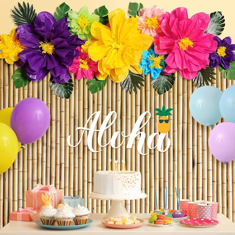 Canlierr 22 Pcs Hawaiian Beach Backdrop with Hawaii Paper Flowers Decorations Set 71 x 43 Inch Hawaiian Backdrop 3D Hibiscus Paper Flower Palm Leaves for Aloha Luau Party Decorations Bamboo Style - Image 5