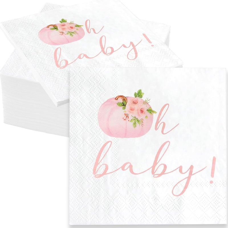 Gankbite Pink Little Pumpkin Paper Napkins 6.5 x 6.5 Inches Fall Party Napkins Girl Baby Shower Tableware Decoration 50 Pack - Image 1