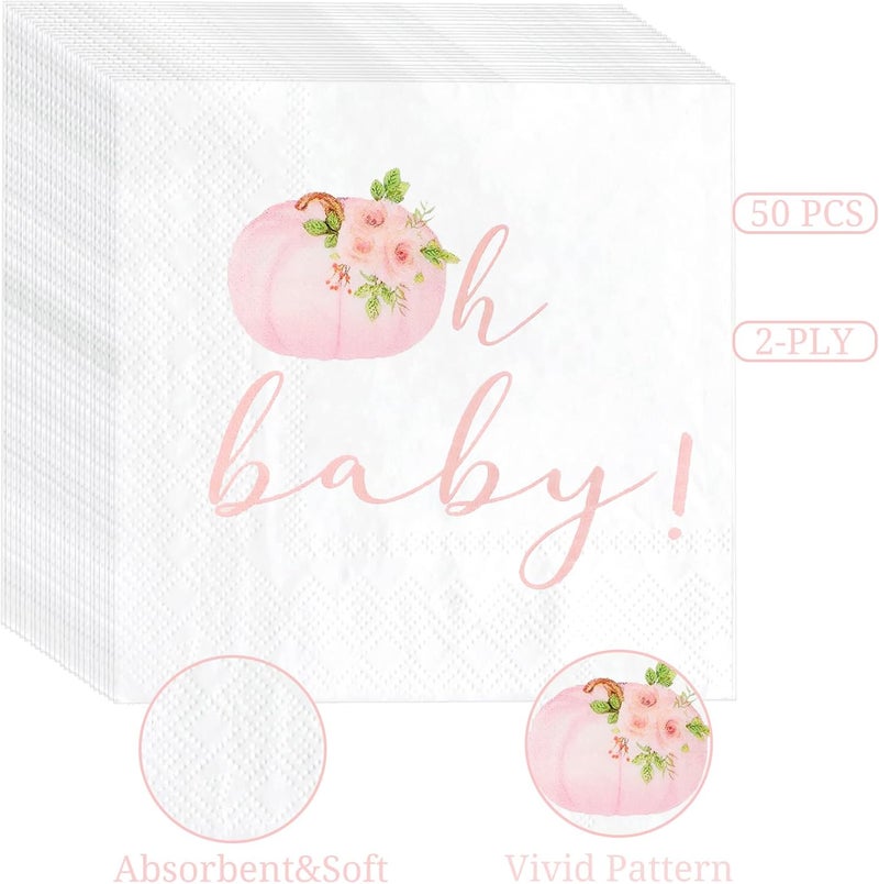 Gankbite Pink Little Pumpkin Paper Napkins 6.5 x 6.5 Inches Fall Party Napkins Girl Baby Shower Tableware Decoration 50 Pack - Image 3