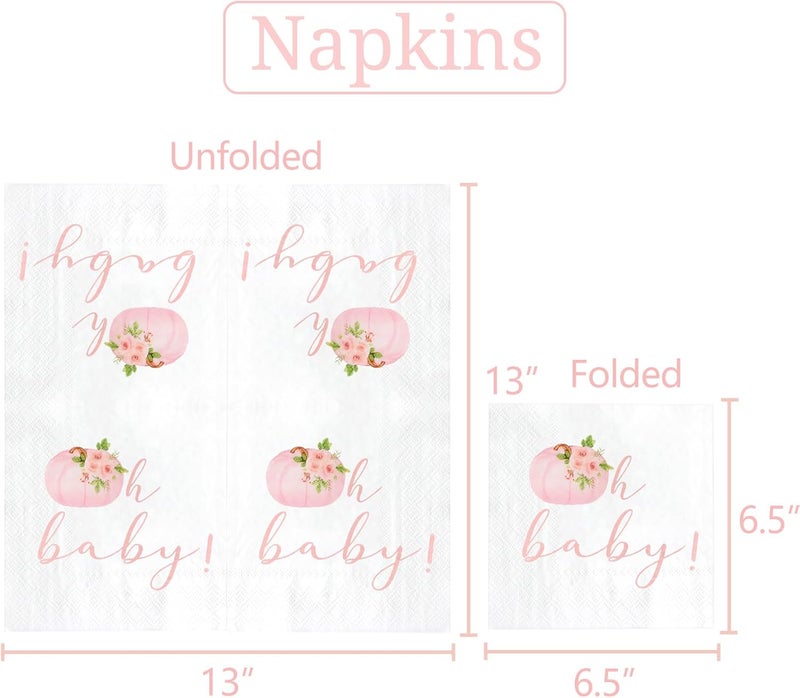 Gankbite Pink Little Pumpkin Paper Napkins 6.5 x 6.5 Inches Fall Party Napkins Girl Baby Shower Tableware Decoration 50 Pack - Image 2
