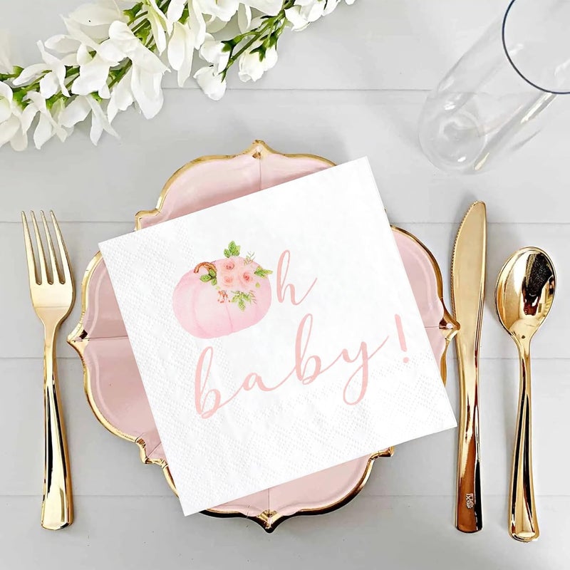 Gankbite Pink Little Pumpkin Paper Napkins 6.5 x 6.5 Inches Fall Party Napkins Girl Baby Shower Tableware Decoration 50 Pack - Image 4