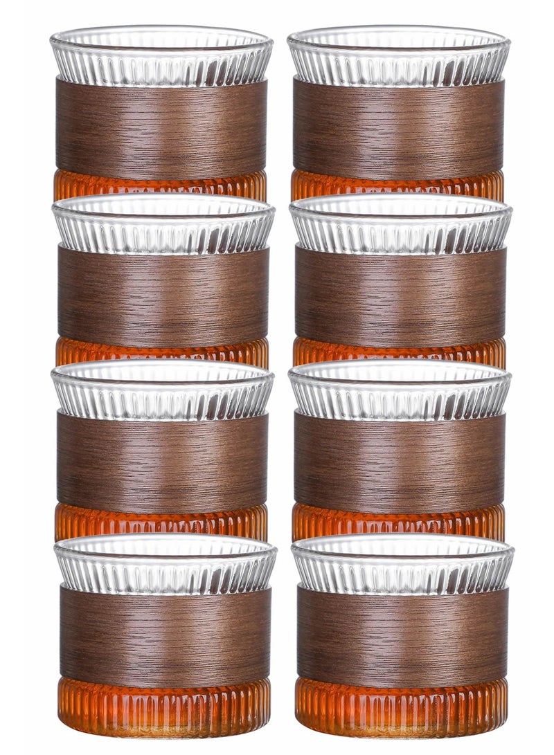 8 Pcs Clear Coffee Mug, High Borosilicate Glass Coffee Cup With Wooden Heat-Resistant Grip Ring, Vintage Clear Embossed Design for Coffee, Tea, Yogurt, and Beverages - Image 1