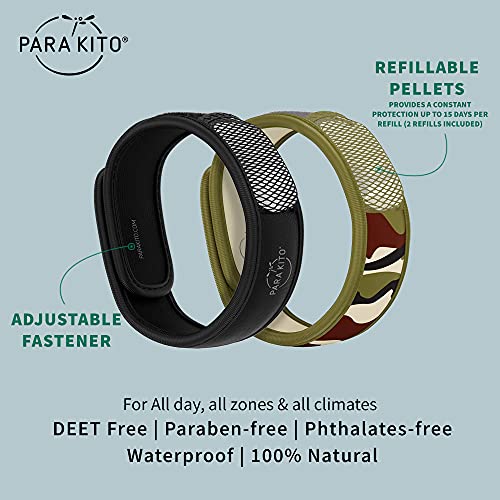PARA'KITO Mosquito Repellent Bracelets + Refill Pellets Bundle, Mosquito Bracelets, Peppermint Oil, DEET Free Mosquito Repeller, Hiking and Camping Accessories, 2 Wristbands & 2 Refills (Black+Jungle) - Image 2