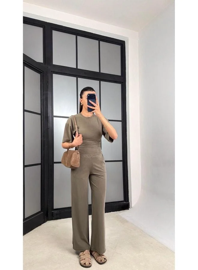 Khaki Blue Belt Elastic Pants Modal Equivalent Set GAUS-01547.