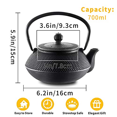Velaze Cast Iron Teapot Set,Japanese Teapot Heat Preservation with Trivet,Stainless Steel Infuser and 2 Cups,Durable Cast Iron with a Fully Enameled Interior,Beautiful Hammered Design,700ML/23oz - Image 3
