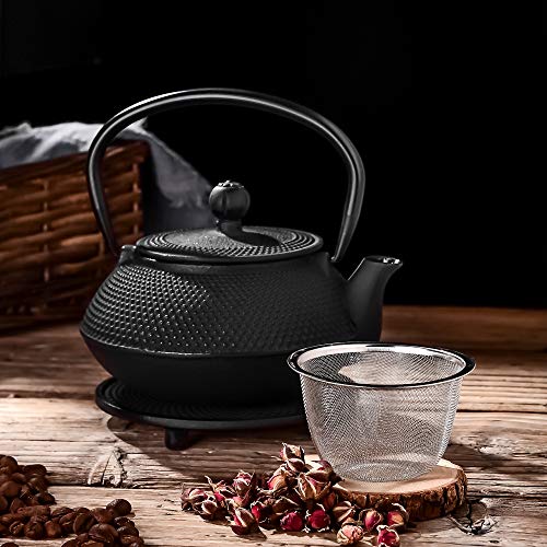 Velaze Cast Iron Teapot Set,Japanese Teapot Heat Preservation with Trivet,Stainless Steel Infuser and 2 Cups,Durable Cast Iron with a Fully Enameled Interior,Beautiful Hammered Design,700ML/23oz - Image 5
