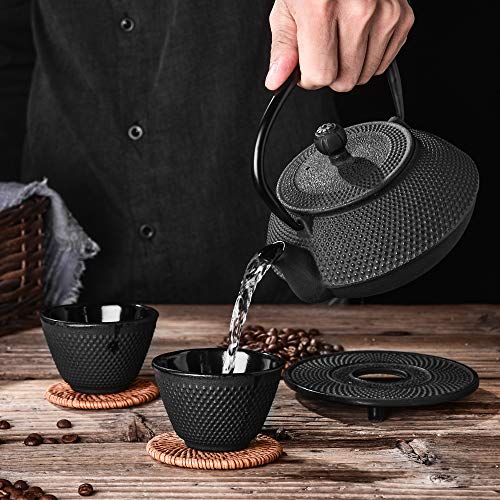 Velaze Cast Iron Teapot Set,Japanese Teapot Heat Preservation with Trivet,Stainless Steel Infuser and 2 Cups,Durable Cast Iron with a Fully Enameled Interior,Beautiful Hammered Design,700ML/23oz - Image 4