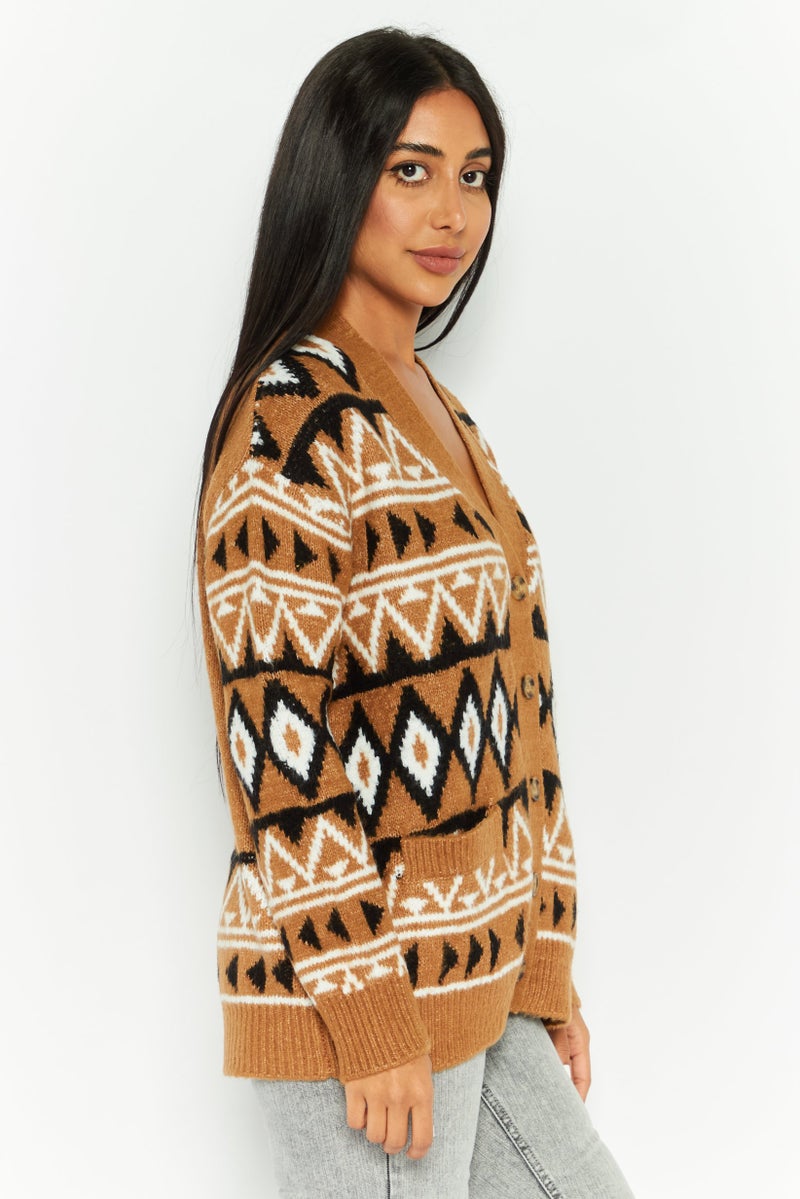 DEX Women V-Neck Long Sleeves Aztec Print Cardigans, Brown Combo  - Image 3
