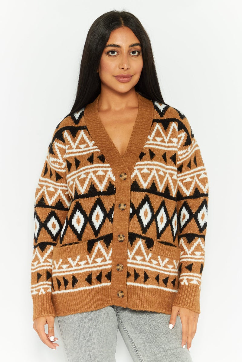 DEX Women V-Neck Long Sleeves Aztec Print Cardigans, Brown Combo  - Image 1
