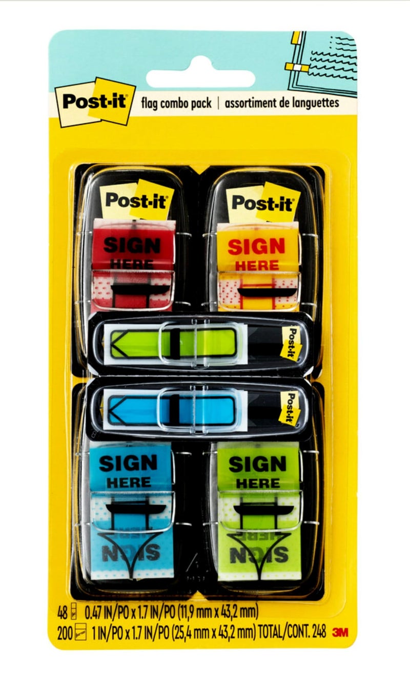 Post It Post-it Message Sign Here Flags Value Pack, 50/Dispenser, 4 Dispensers/Pack, 1 in Wide, Assorted Colors, Includes 48 Free Arrow Flags (680-SH4VA) - Image 1