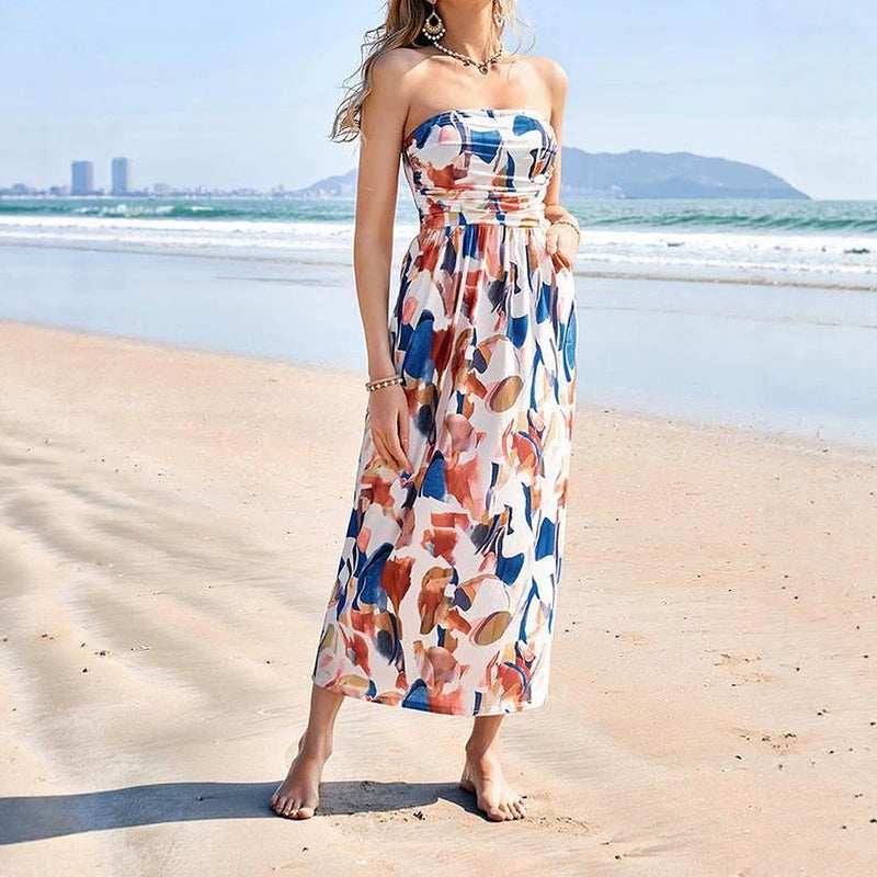 Strapless Floral Print Long Dress with High Waist and Slimming Fit - Image 2