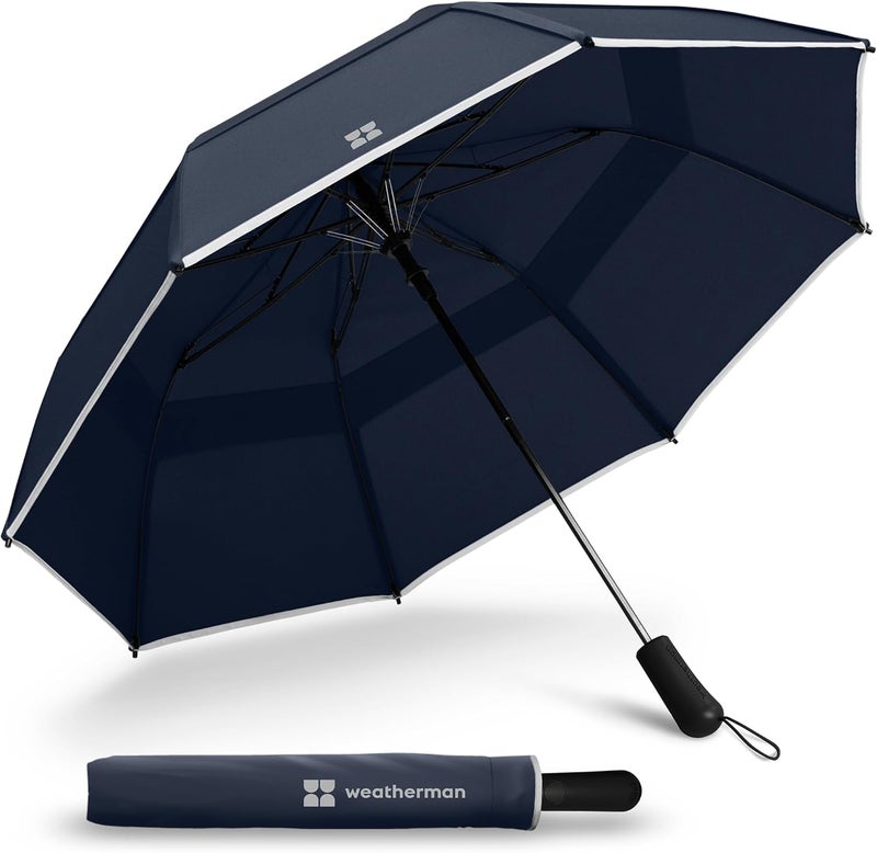Weatherman Premium Collapsible Travel Umbrella - Windproof, Compact, Easy Auto Open - Resists Up to 55 MPH Winds - Perfect for Rain, Wind, Backpack, Car - Folding Umbrella (Navy Blue) - Image 1
