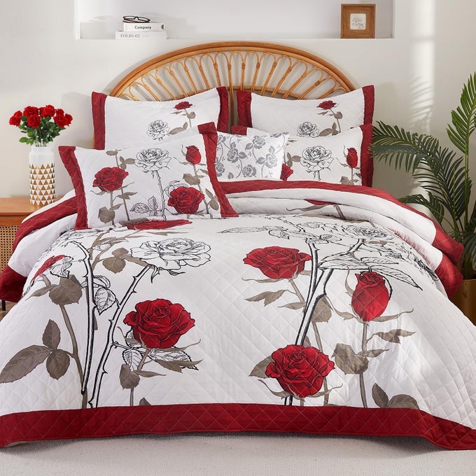 QUILT QUEEN SIZE RED ROSE BEDDING SET FLORAL BEDSPREAD LIGHTWEIGHT REVERSIBLE BED COVER WITH 2 PILLOW SHAMS FOR ALL SEASONS 3 PIECES 92X96