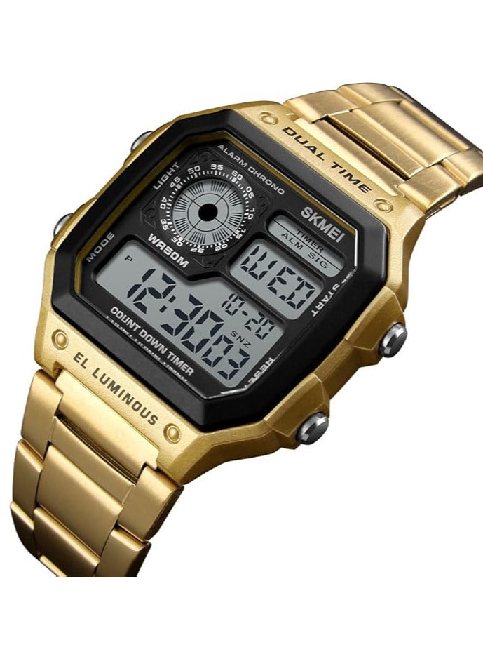 SKMEI SKMEI Men's Gold Tone Digital Sports Watch - Dual Time, Alarm Chrono, 50M Water Resistant, EL Luminous Display 1335 - Image 2
