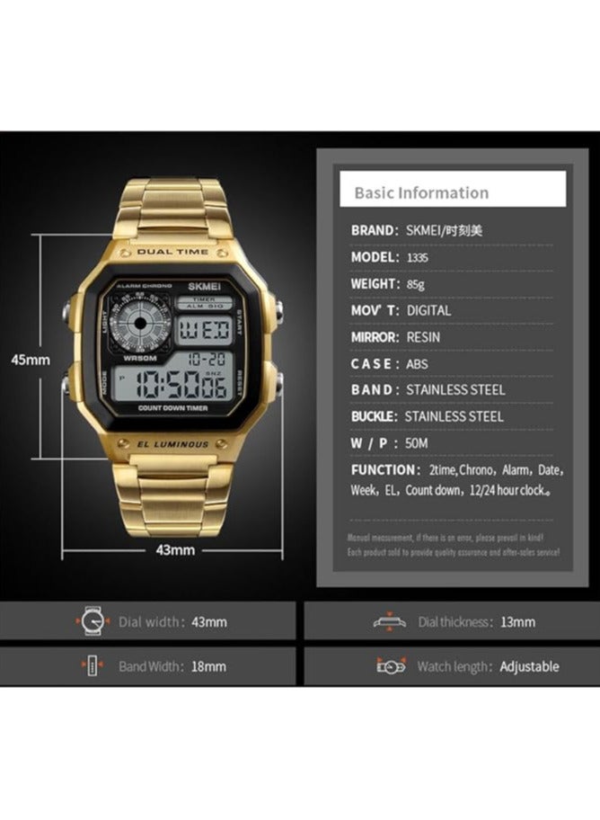 SKMEI SKMEI Men's Gold Tone Digital Sports Watch - Dual Time, Alarm Chrono, 50M Water Resistant, EL Luminous Display 1335 - Image 4
