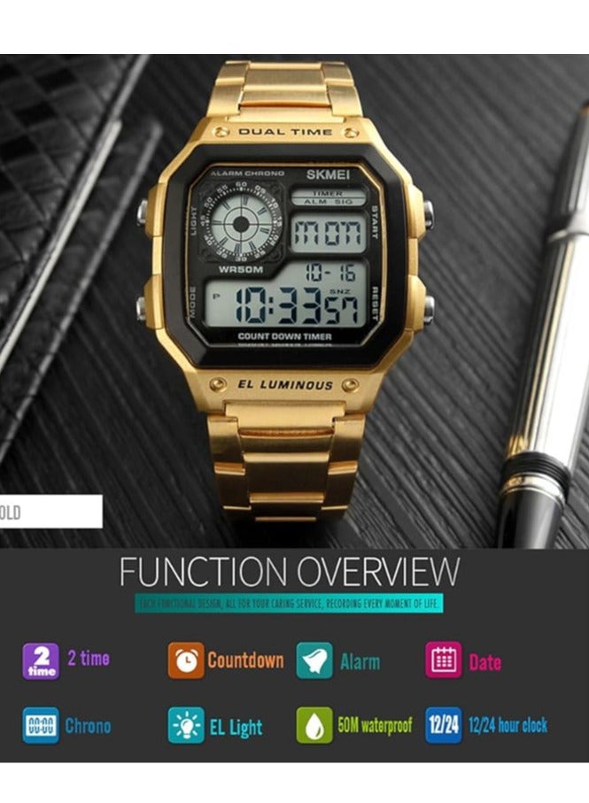 SKMEI SKMEI Men's Gold Tone Digital Sports Watch - Dual Time, Alarm Chrono, 50M Water Resistant, EL Luminous Display 1335 - Image 5
