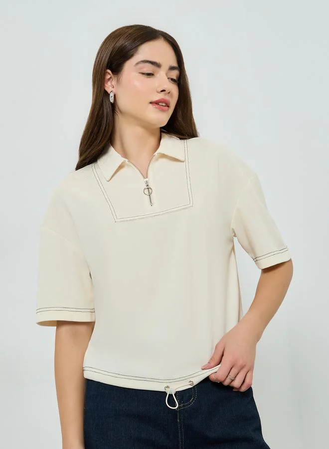 Off White Relaxed Polo T-Shirt with Toggle Detail