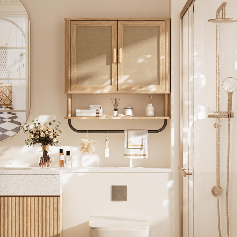 INNOD Rattan Bathroom Wall Cabinet with Towel Bar, Wall-Mounted Medicine Cabinet with Adjustable Wood Shelf & Doors, Over The Toilet Storage Cabinet for Laundry Room & Kitchen & Living Room - Image 5