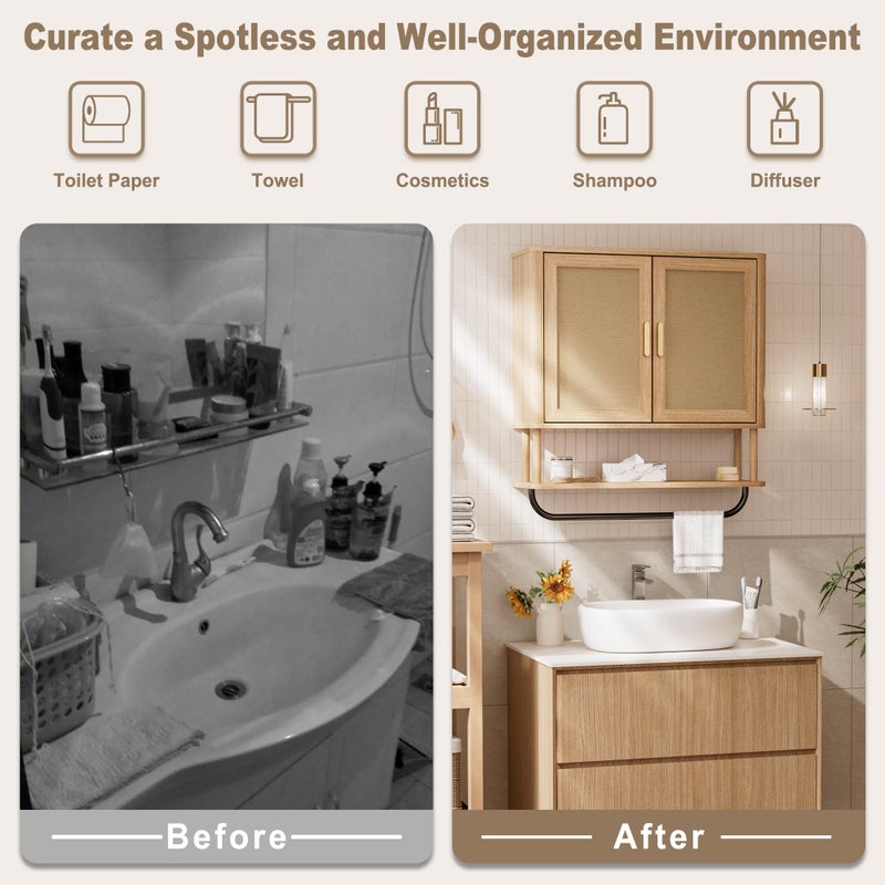 INNOD Rattan Bathroom Wall Cabinet with Towel Bar, Wall-Mounted Medicine Cabinet with Adjustable Wood Shelf & Doors, Over The Toilet Storage Cabinet for Laundry Room & Kitchen & Living Room - Image 4