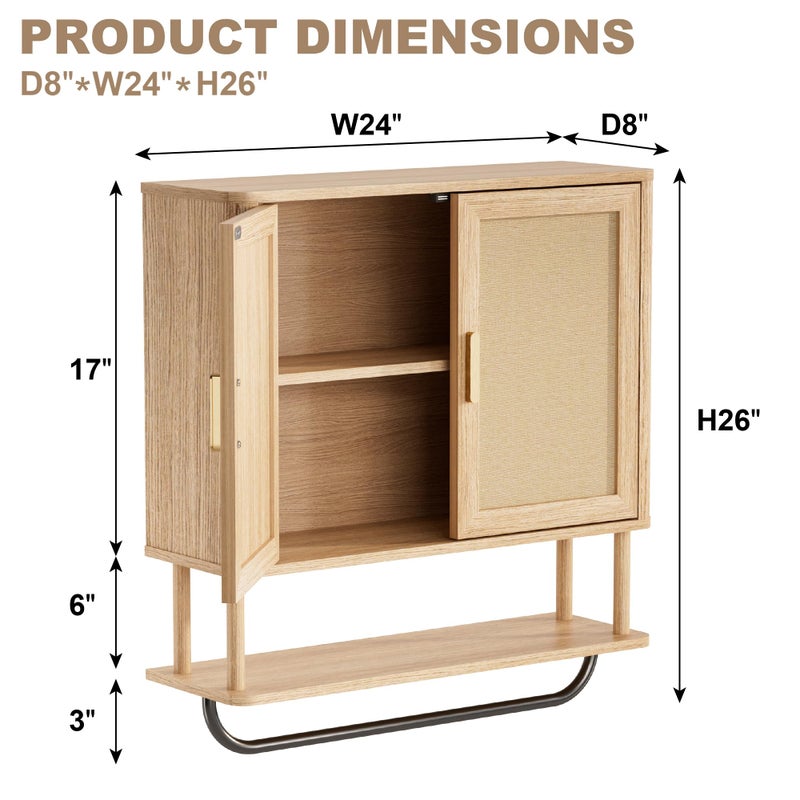 INNOD Rattan Bathroom Wall Cabinet with Towel Bar, Wall-Mounted Medicine Cabinet with Adjustable Wood Shelf & Doors, Over The Toilet Storage Cabinet for Laundry Room & Kitchen & Living Room - Image 2